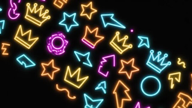 Neon icons chaos on black crowns with stars, arrows, and trees.