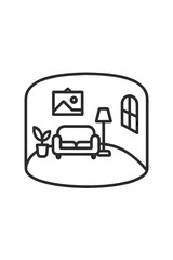 Cozy living room interior with sofa, floor lamp, houseplant, and window