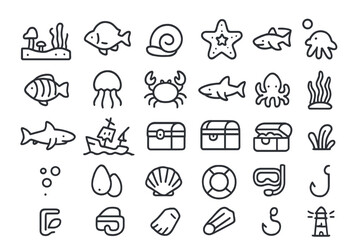 Detailed set of marine animals, diving equipment, and sunken ocean treasures