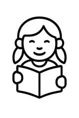 Happy young girl with pigtails reading an open book, symbolizing education and literacy