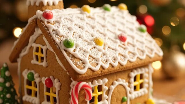 Festive gingerbread house with icing and candy decorations detail