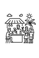 Tropical beach bar scene with people drinking cocktails and socializing outdoors in the summer sun