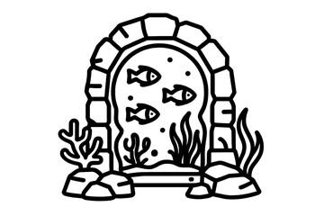 Black and white outline of an underwater stone archway, swimming fish, and marine plants
