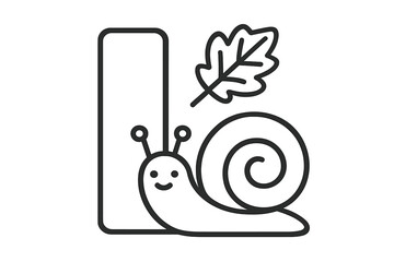 Happy cartoon snail mascot standing next to capital letter L and falling oak leaf