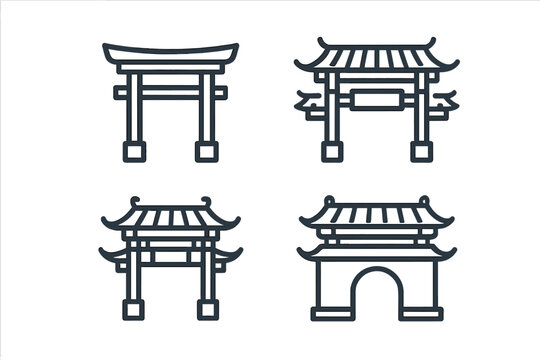 Set of four traditional Asian gate icons representing cultural landmarks and architecture