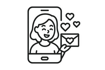 Smiling woman on a mobile screen holding a heart envelope and floating love symbols