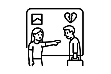 Woman pointing at man leaving with luggage symbolizing relationship separation or divorce