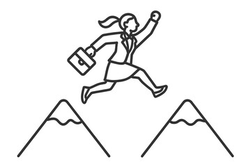 Female executive jumping across a wide gap between peaks carrying a work bag