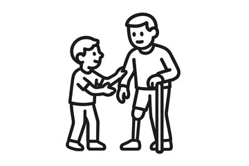Young person assisting an adult with a prosthetic leg and walking cane, showing support and care