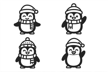 Four adorable cartoon penguins wearing winter hats and scarves celebrating the holiday season