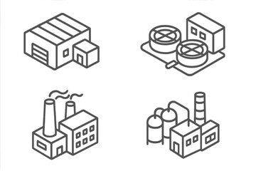 Isometric industrial buildings set including factory, warehouse, chemical plant, and water treatment facility