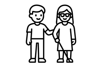 Man assisting visually impaired woman using a walking cane for support and mobility