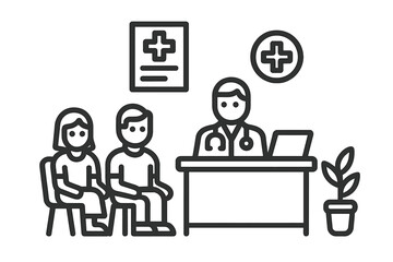 Medical consultation scene showing a doctor speaking with two patients sitting across a desk in a clinical