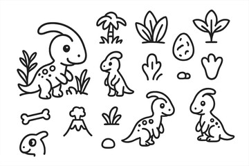 Cute cartoon dinosaur and prehistoric elements set in simple outline style for kids design