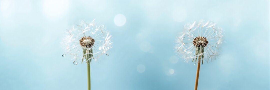 Dandelion seeds with dew drops on a blue background, emphasizing delicate textures and natural beauty - Powered by Adobe