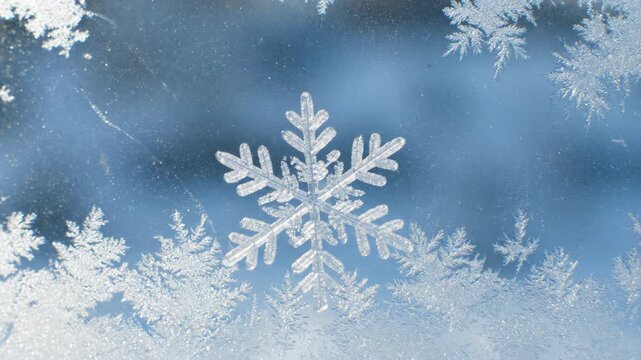 Frosty window with snowflake and tree patterns on a cold day