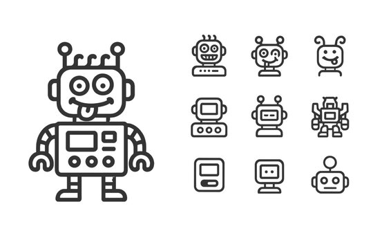 Funny and cute robot characters and heads designed in simple line art style for technology icons