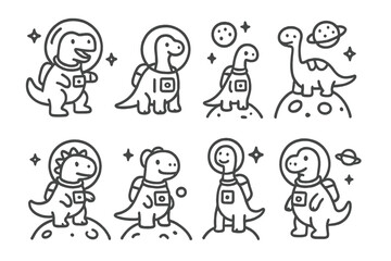 Adorable cartoon dinosaurs wearing astronaut suits exploring outer space and planets