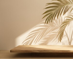 Wooden Platform Display With Tropical Leaf Shadow