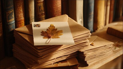 Stacked Brown Envelopes With Dried Leaf And Bookshelf