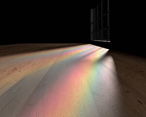 Rainbow Light Beams On Wooden Floor In Dark Room