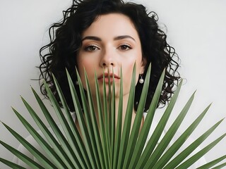 Portrait of a beautiful woman with curly hair holding a palm leaf in front of her face against a white background