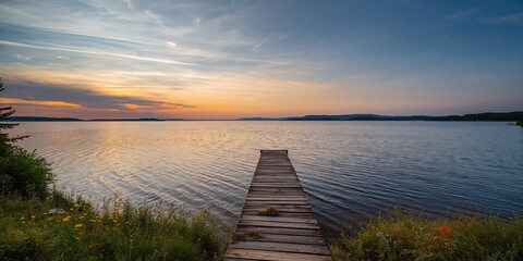 Naklejka premium Taureau Lake water and sky during summer travel, emphasizing scenic landscape and sunset views