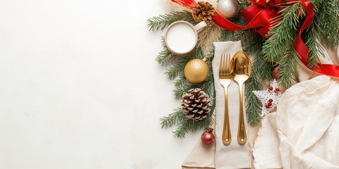 Christmas wreath and table setting on black background, emphasizing festive decoration for seasonal celebrations