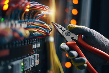 Electrician repairing wiring in server room with gloved hand using pliers on colorful cables illuminated by LED lights for maintenance and safety