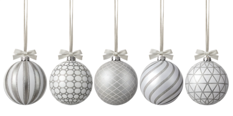 Five ornate silver easter eggs hanging isolated on transparent background