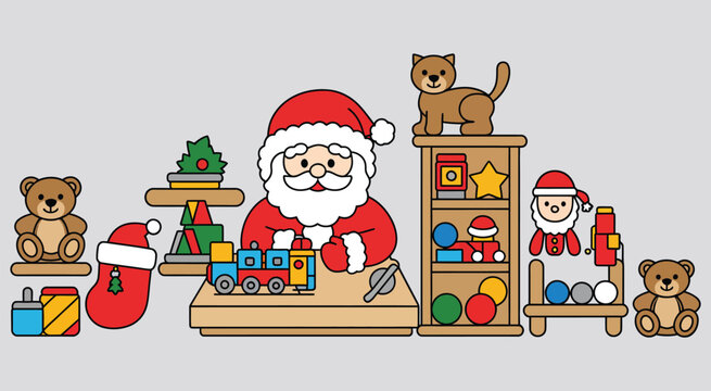 Santa crafting toys in workshop with teddy bears and colorful toys, adorable holiday cartoon scene, perfect for Christmas decorations
