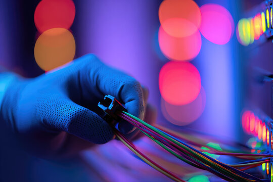 Electrician repairing wiring in server room with gloved hand connecting colorful cables under vibrant lighting for technology maintenance