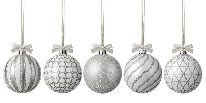 Five ornate silver easter eggs hanging isolated on transparent background