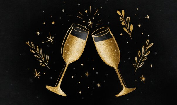 Two champagne glasses with bubbly drink and sparkling fireworks in the background.