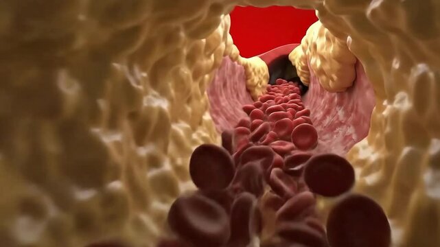 Watch how cholesterol plaques narrow arteries, restricting blood flow, increasing heart disease risk with this informative medical animation
