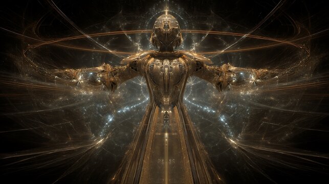 A guardian made from recursive fractal armor, standing in cosmic void, surreal sacred energy, glowing lines and symmetry, 