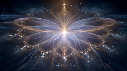 A luminous spirit emerging from fractal geometry, made of light and symmetry, cosmic background, ethereal aura, hyper-realistic fine art, cinematic lighting, 