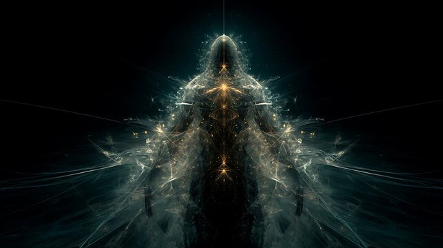 A guardian made from recursive fractal armor, standing in cosmic void, surreal sacred energy, glowing lines and symmetry, 