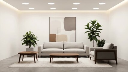A modern living room is furnished with minimalist decor. This stylish space features a sofa, plants, and abstract art. - Powered by Adobe