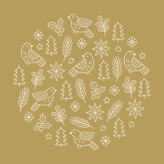 Christmas greeting card with birds, fir trees, stars, berries, snowflakes on gold background. Circle ornament. Perfect for winter holidays and decorations. Vector outline illustration