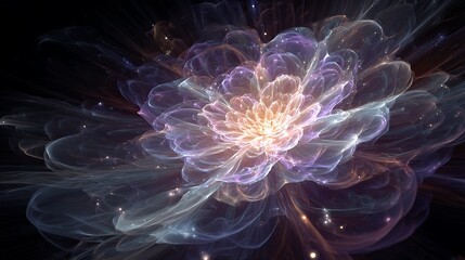 A representation of consciousness expanding through infinite fractal dimensions, abstract light networks, divine cosmic aura, hyper-realistic surreal art, 