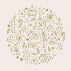 Christmas greeting card with gifts, balls, candy cane, stars, snowflakes, flowers on white background. Circle ornament. Perfect for winter holidays and decorations. Vector outline illustration