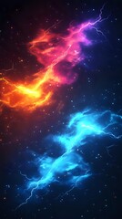 Fototapeta premium Vibrant cosmic nebula with electric lightning effects in gradient colors from fiery orange to cool blue, perfect for science fiction or fantasy backgrounds.