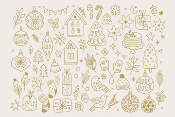 Christmas set - house, ball, flower, cake, garland, candy cane, berry, star, snowflake, fir tree, bird on white background. Perfect for winter greeting cards. Vector outline hand drawn illustration