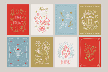 Christmas greeting cards with fir tree, balls, house, branches, cake, gift, snowflakes, cones, stars in Red, Gold, Light Blue and White. Perfect for holiday decoration. Vector outline illustration