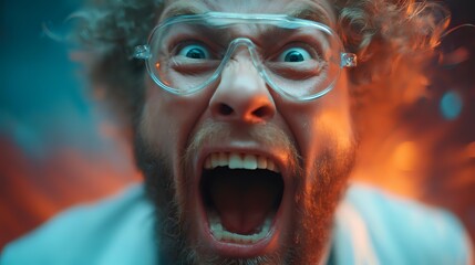Shocked scientist with protective goggles and red beard screaming in panic as experiment explodes with orange flames and blue smoke in laboratory setting.