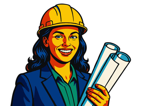 female engineer in a suit and yellow hard hat, representing construction, leadership. Generative ai raster colorful pop art illustration.