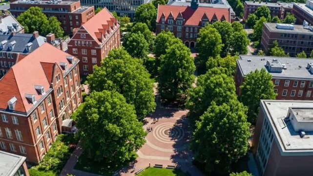 Experience a vibrant university campus with students walking on a sunny day, perfect for showcasing education, college life, and campus tours