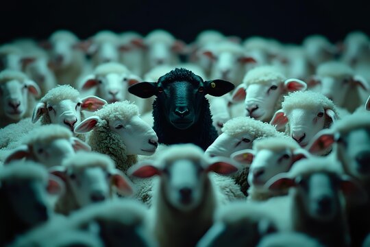 Single black sheep standing out among crowd of white sheep, symbolizing individuality, difference, and uniqueness in conformist environment.
