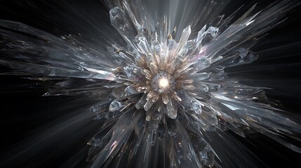 A transparent crystalline being formed entirely from fractal shards, glowing core energy, abstract symmetry, high realism, ultra-detailed fine art, 